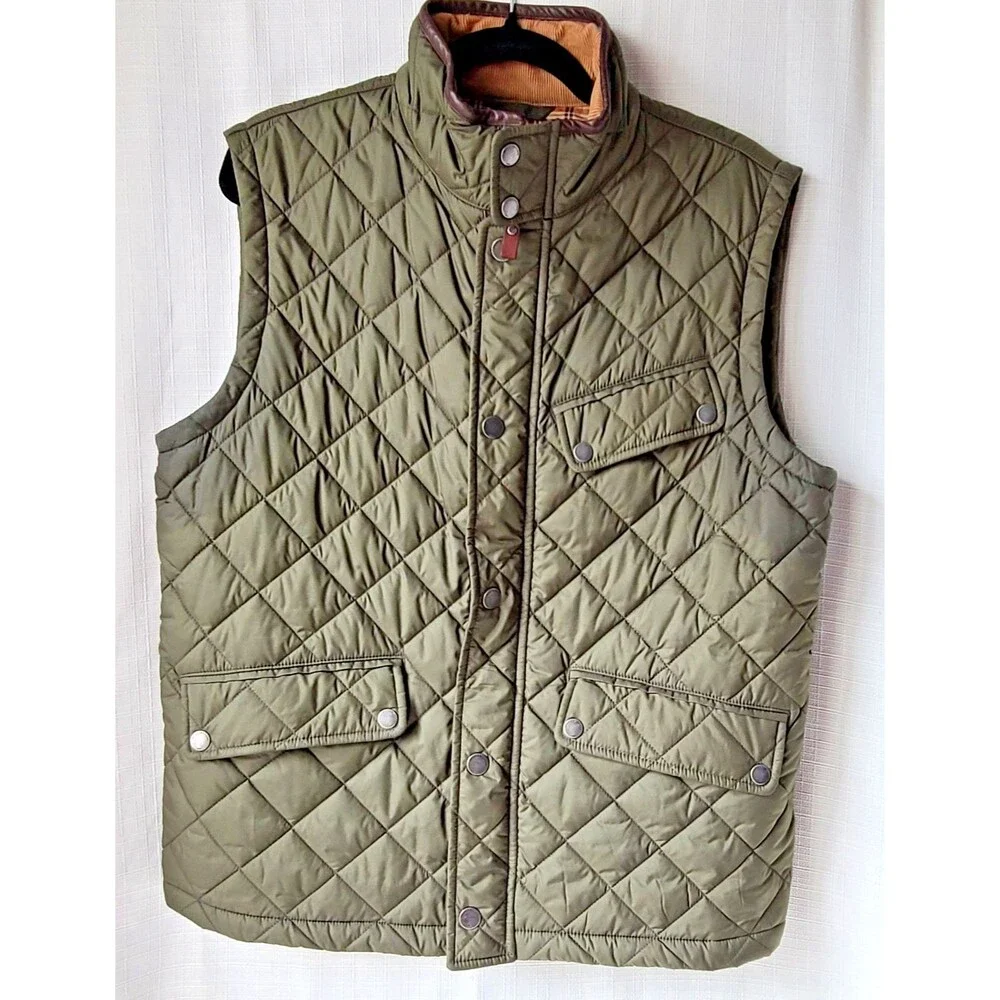 Brooks Brothers Quilted Vest Men's Medium Olive Green Snap Zip Plaid Lined